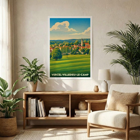 Affiche souvenir de la ville de Vercel-Villedieu-le-Camp avec une illustration stylisée de son paysage champêtre.
