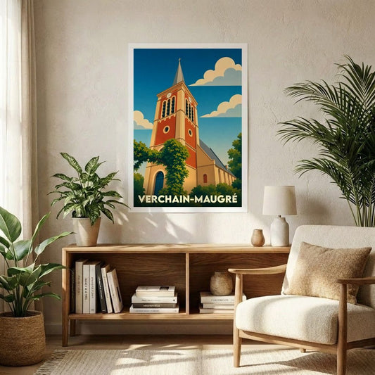 Affiche souvenir de la ville de Verchain-Maugré présentant une illustration stylisée de son église.