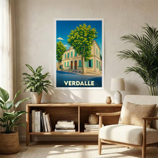 Affiche souvenir de la ville de Verdalle avec une illustration stylisée et colorée.