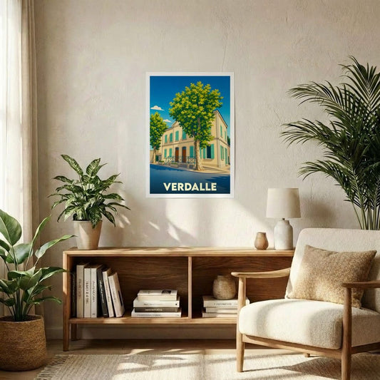Affiche souvenir de la ville de Verdalle avec une illustration stylisée.