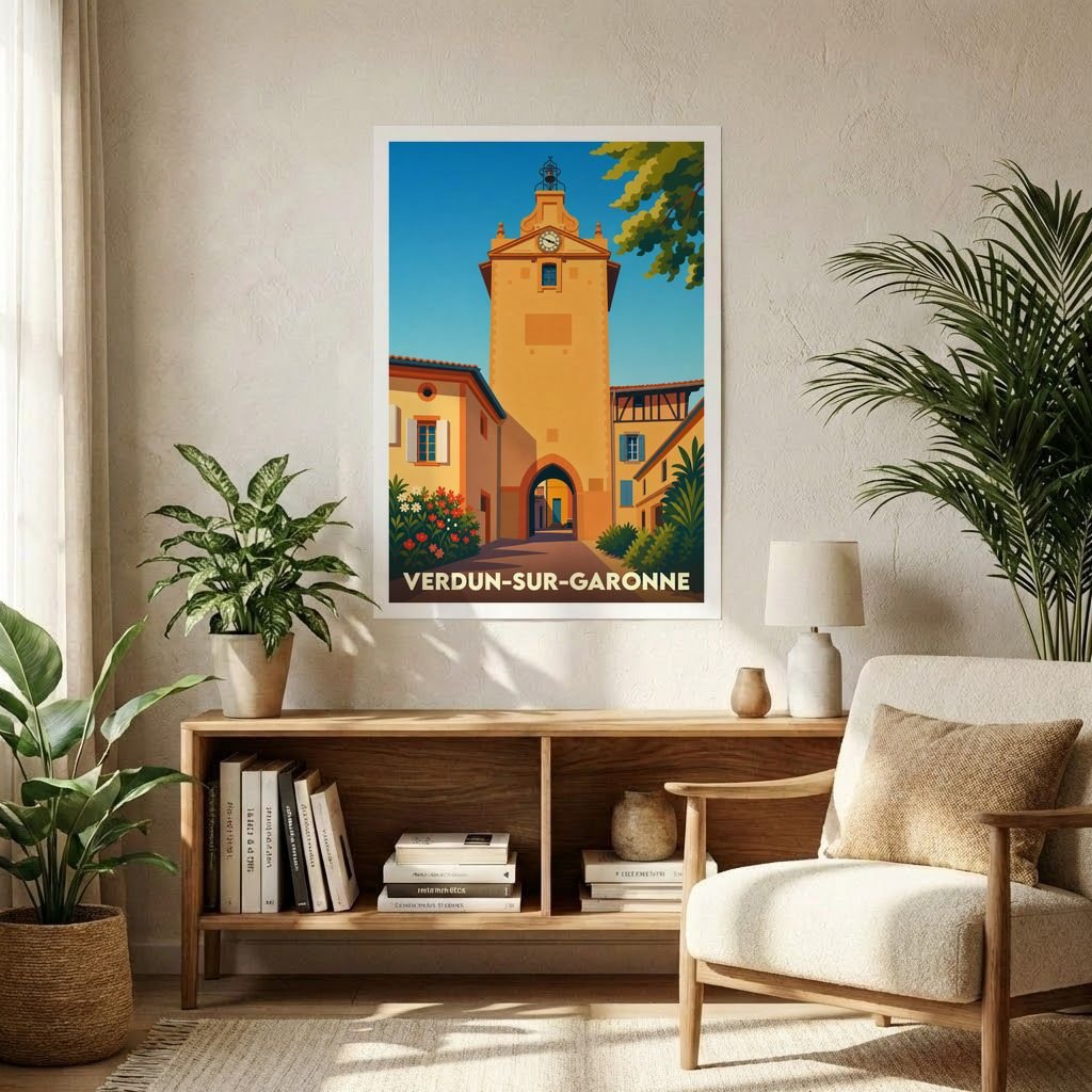 Affiche souvenir de la ville de Verdun-sur-Garonne avec une illustration stylisée de sa tour de l'horloge.