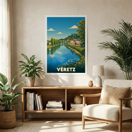 Affiche souvenir de la ville de Véretz avec une illustration stylisée d'un paysage fluvial.