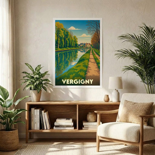 Affiche souvenir de la ville de Vergigny avec une illustration stylisée représentant un canal bordé d'arbres.