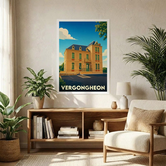 Affiche souvenir de la ville de Vergongheon présentant une illustration stylisée d'un bâtiment emblématique sous un ciel bleu.