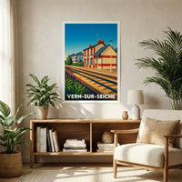 Affiche souvenir de la ville de Vern-sur-Seiche illustrant sa gare ferroviaire dans un style graphique rétro.