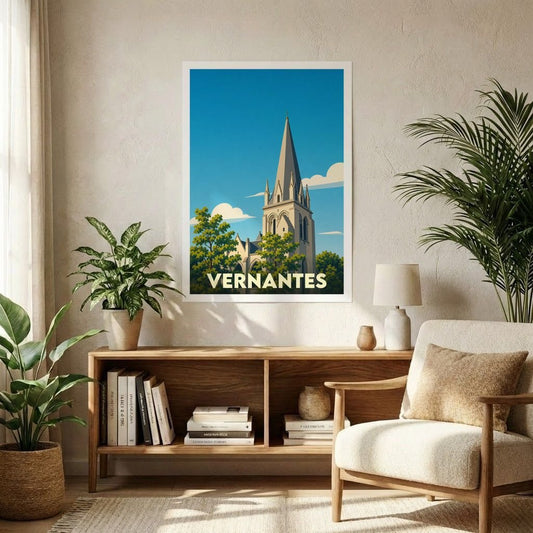 Affiche souvenir de la ville de Vernantes illustrant son église dans un style graphique épuré.