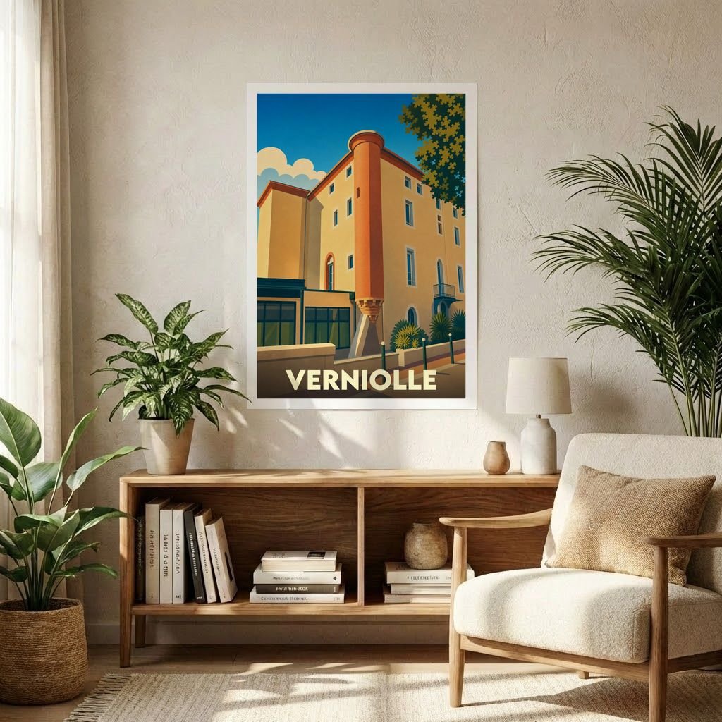Affiche souvenir de la ville de Verniolle avec une illustration architecturale stylisée et colorée.