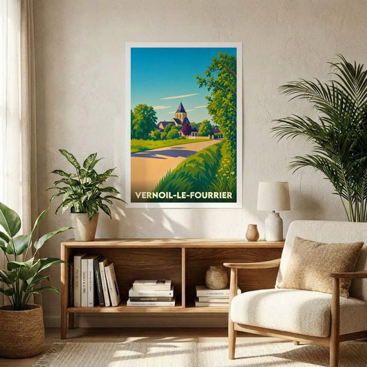 Affiche souvenir de la ville de Vernoil-le-Fourrier avec une illustration stylisée de son église et de sa campagne environnante.