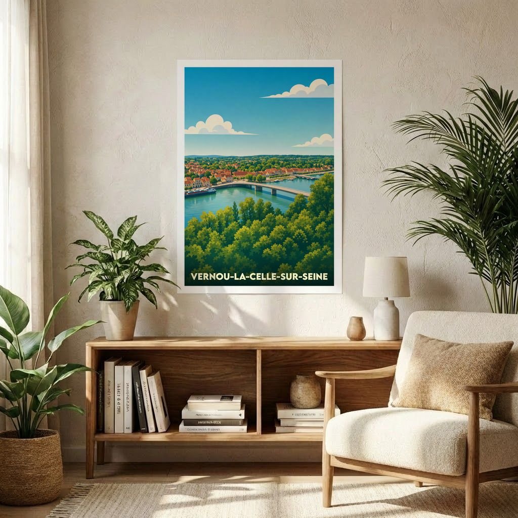 Affiche souvenir de la ville de Vernou-la-Celle-sur-Seine avec une illustration stylisée.