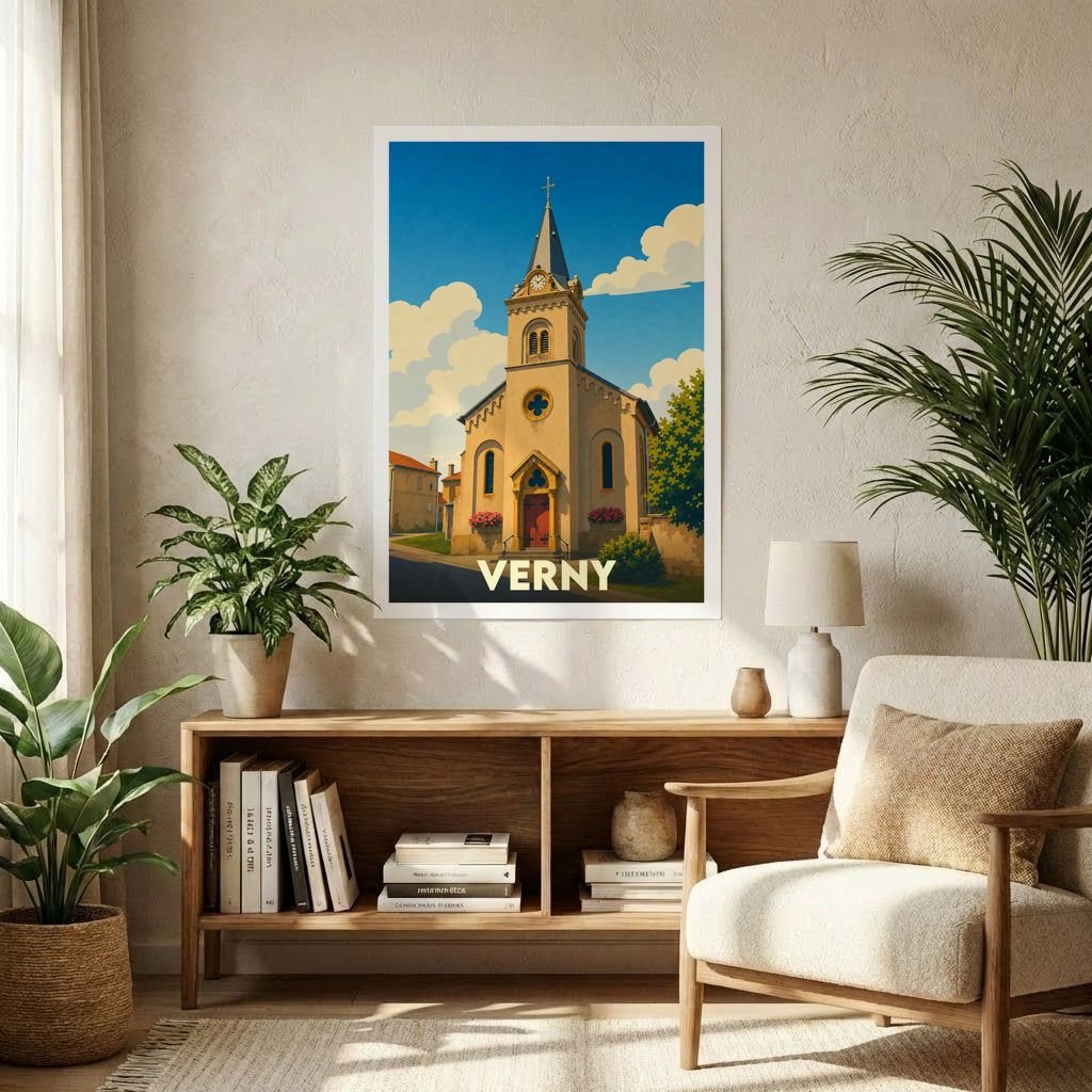 Affiche souvenir de la ville de Verny représentant son église dans un style graphique épuré.