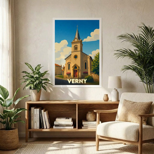 Affiche souvenir de la ville de Verny représentant son église dans un style graphique épuré.