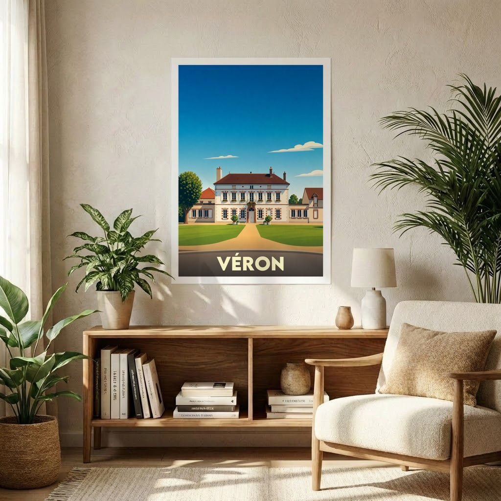 Affiche souvenir de la ville de Véron représentant une grande demeure bourgeoise dans un style graphique épuré.