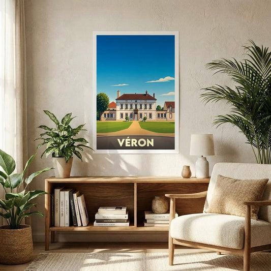 Affiche souvenir de la ville de Véron représentant une grande demeure bourgeoise dans un style graphique épuré.
