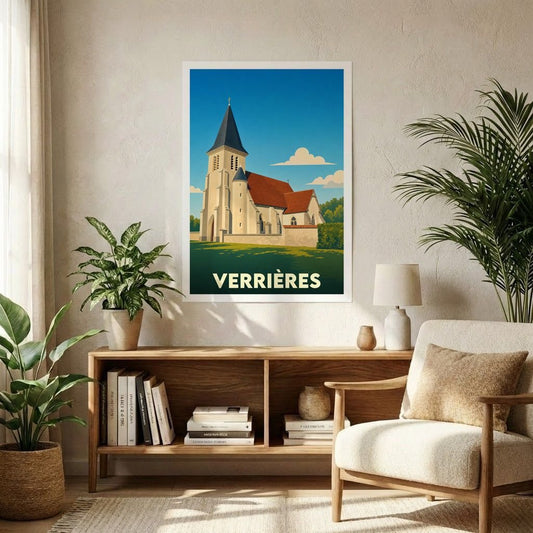 Affiche souvenir de la ville de Verrières représentant son église dans un style graphique épuré.