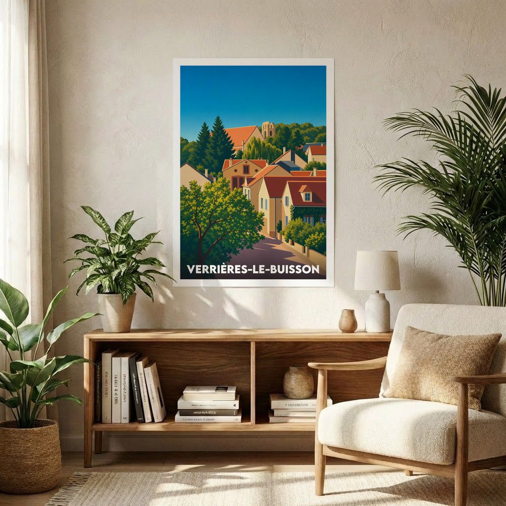 Affiche souvenir de la ville de Verrières-le-Buisson avec une illustration stylisée de ses maisons et de son église.