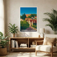 Affiche souvenir de la ville de Verrières-le-Buisson avec une illustration stylisée de ses maisons et de son église.