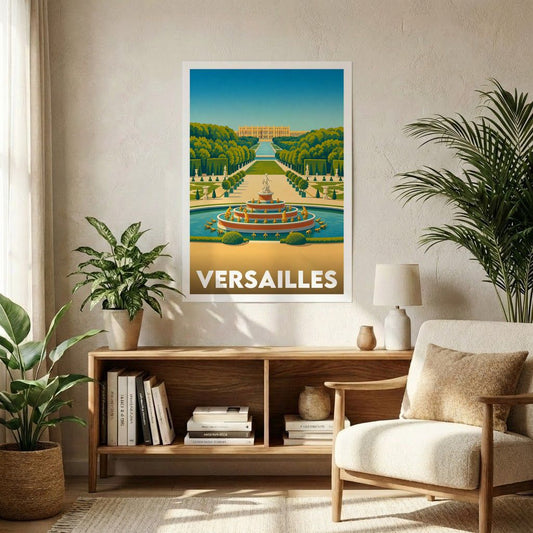 Affiche souvenir de la ville de Versailles avec une illustration stylisée de ses jardins et de son château.