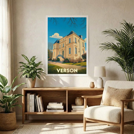Affiche souvenir de la ville de Verson représentant une grande demeure bourgeoise dans un style graphique rétro.