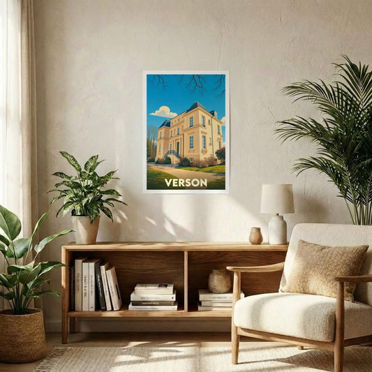 Affiche souvenir de la ville de Verson avec une illustration stylisée représentant une grande demeure bourgeoise.