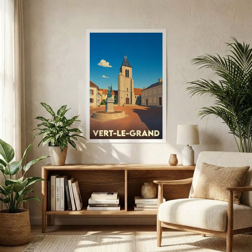 Affiche souvenir de la ville de Vert-le-Grand avec une illustration stylisée d'une place ensoleillée.