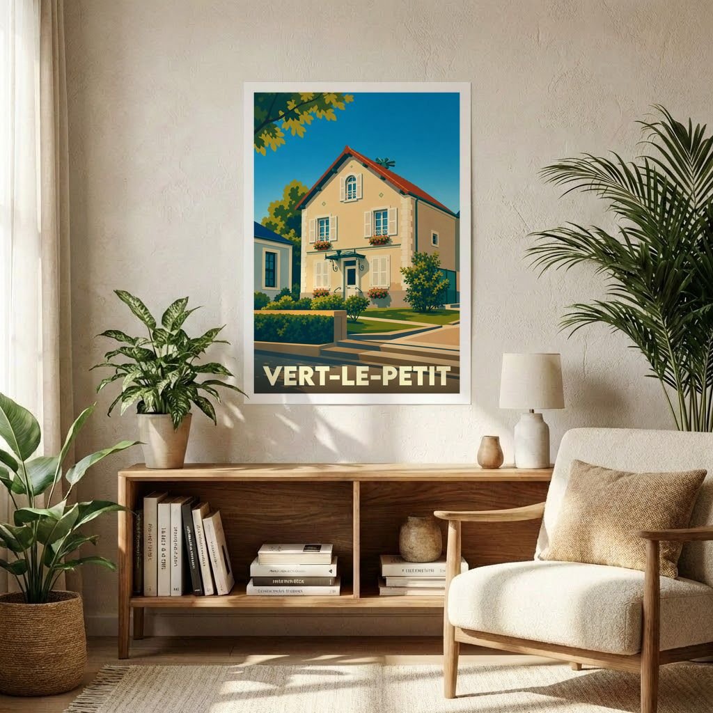 Affiche souvenir de la ville de Vert-le-Petit présentant une illustration stylisée d'une maison traditionnelle.