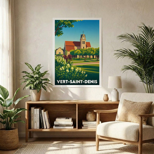 Affiche souvenir de la ville de Vert-Saint-Denis avec une illustration stylisée de son église et de son paysage verdoyant.