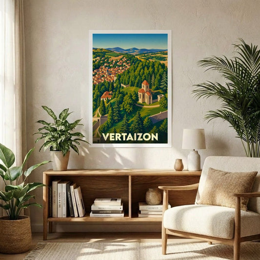 Affiche souvenir de la ville de Vertaizon présentant une illustration stylisée et colorée de ses paysages.
