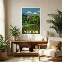 Affiche souvenir de la ville de Vertou avec une illustration stylisée de son paysage de rivière.