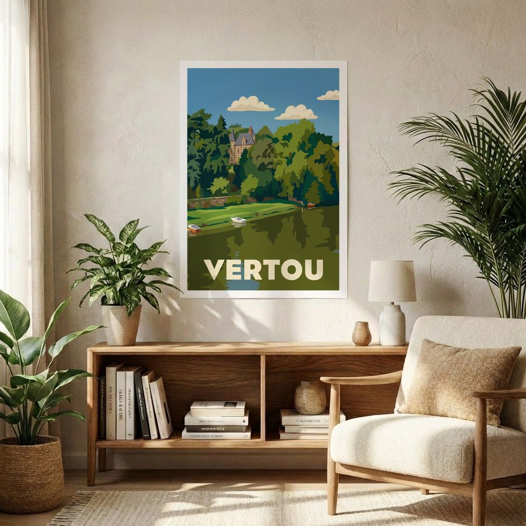 Affiche souvenir de la ville de Vertou avec une illustration stylisée de son paysage de rivière.
