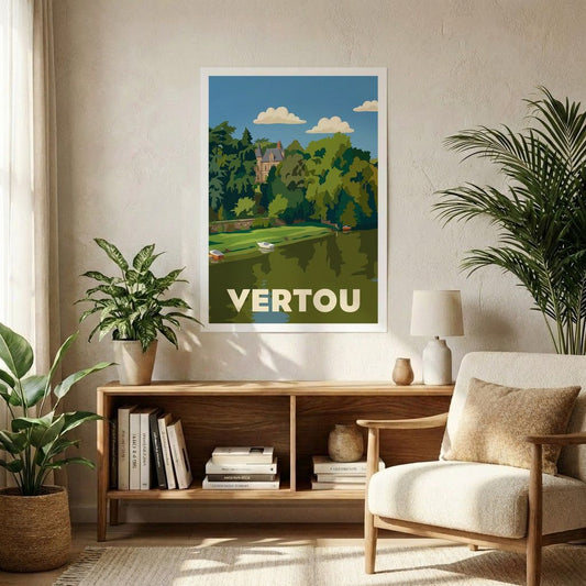 Affiche souvenir de la ville de Vertou avec une illustration stylisée de son paysage de rivière.