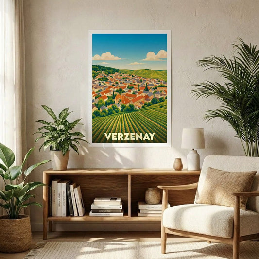Affiche souvenir de la ville de Verzenay avec une illustration stylisée de son vignoble et de ses habitations.