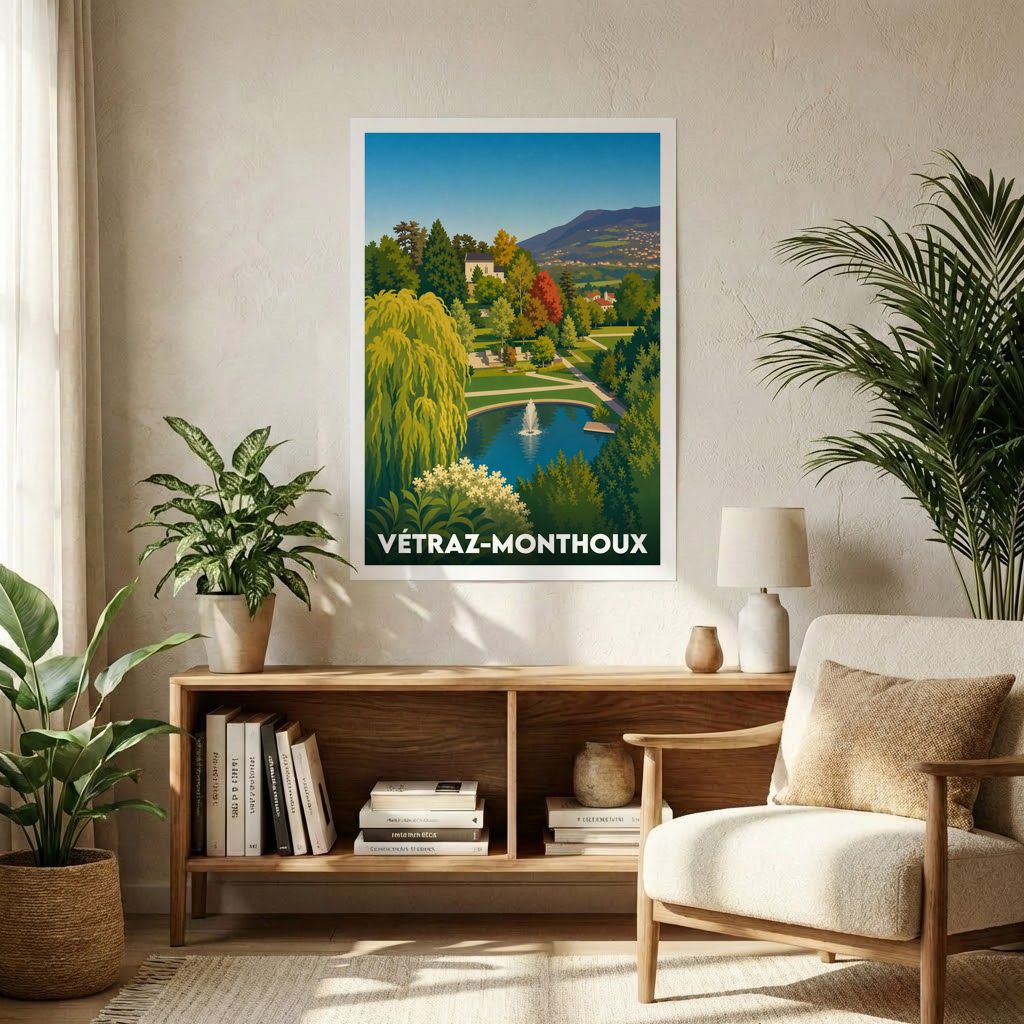 Affiche souvenir de la ville de Vétraz-Monthoux présentant une illustration stylisée de son parc avec un étang et son jet d'eau.