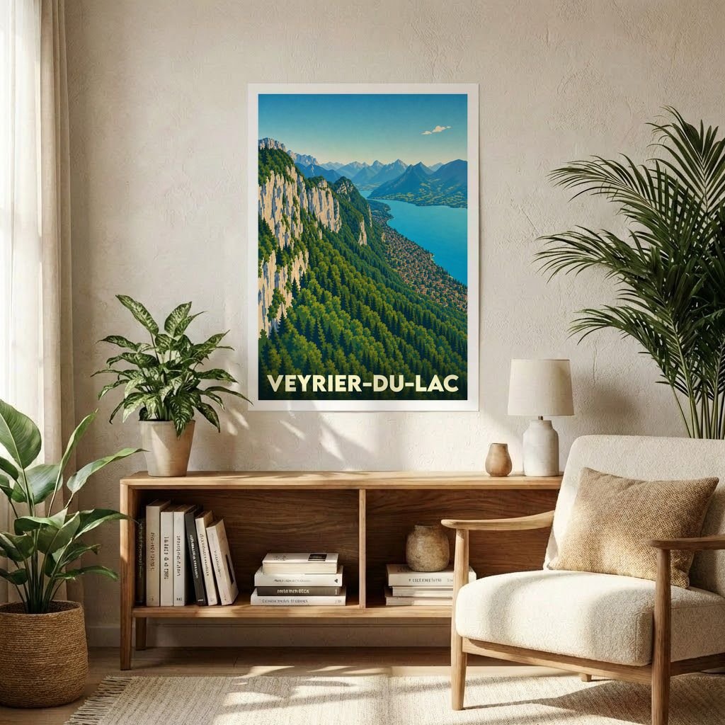 Affiche souvenir de la ville de Veyrier-du-Lac représentant un paysage de montagne surplombant le lac d'Annecy.