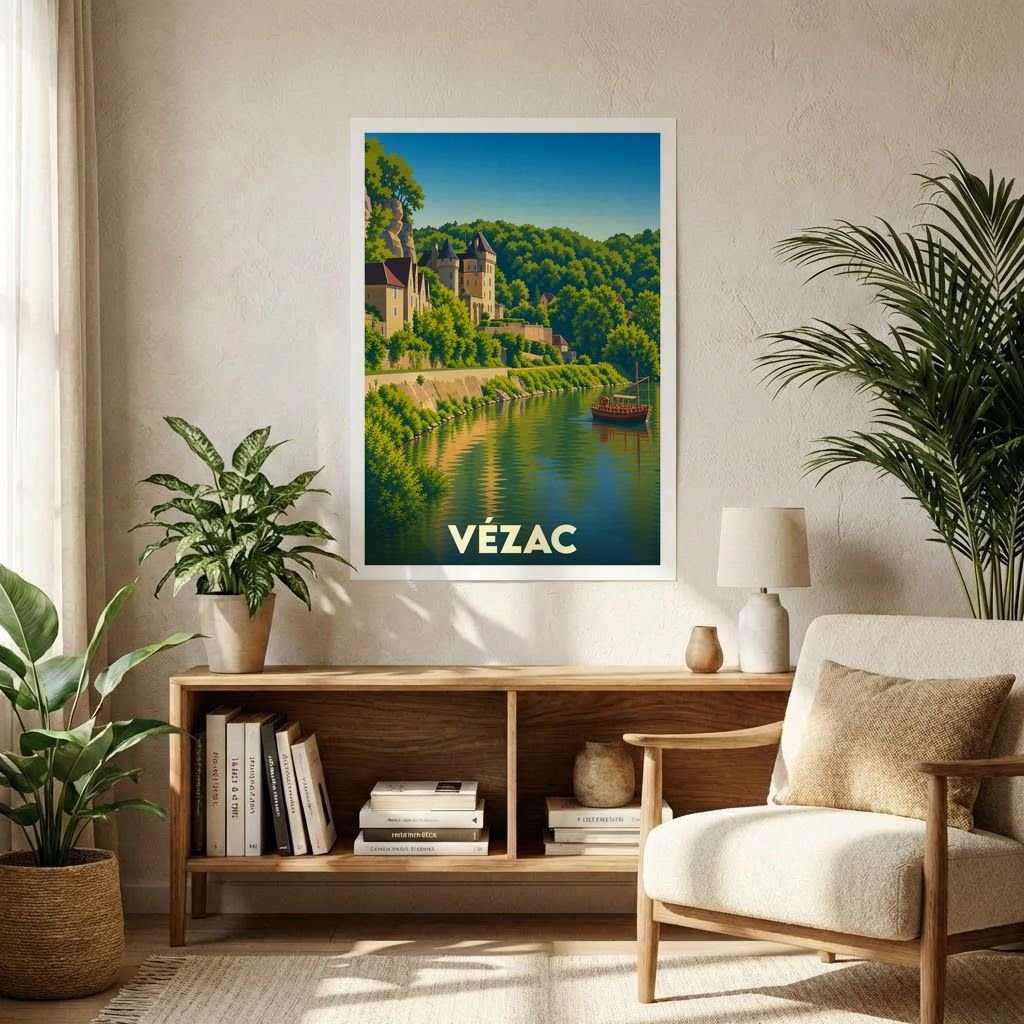 Affiche souvenir de la ville de Vézac représentant un paysage fluvial avec son château dans un style rétro.