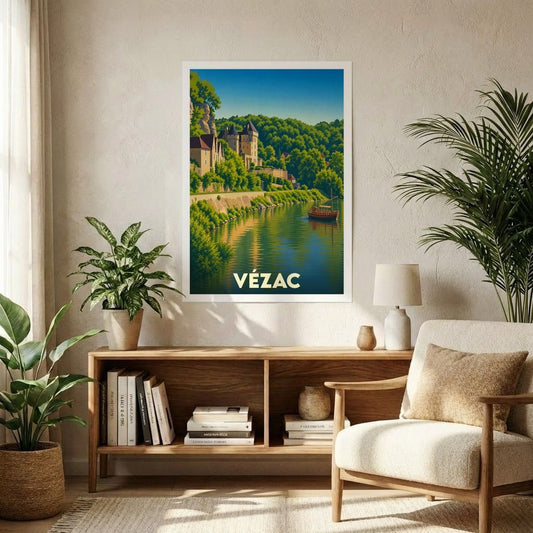 Affiche souvenir de la ville de Vézac représentant un paysage fluvial avec son château dans un style rétro.