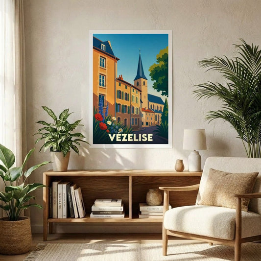 Affiche souvenir de la ville de Vézelise avec une illustration stylisée et colorée de son architecture typique.