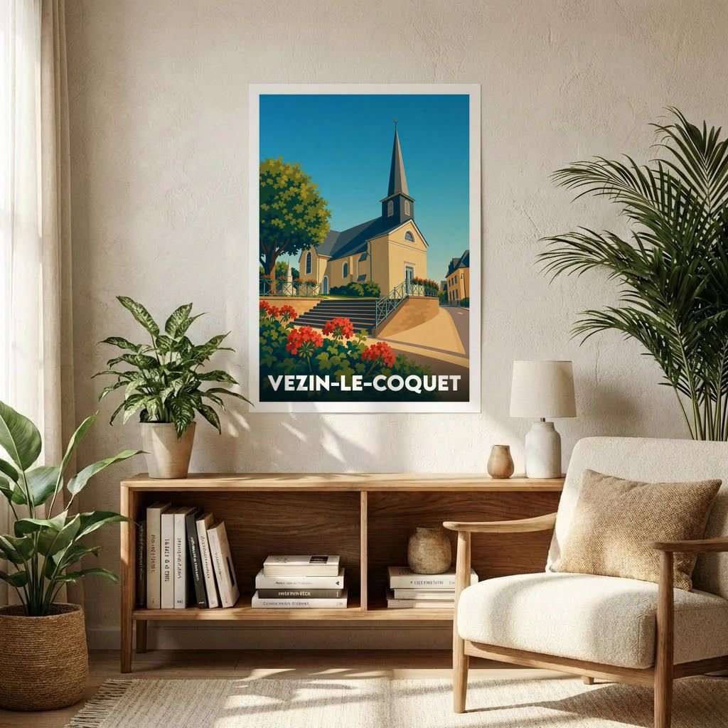 Affiche souvenir de la ville de Vezin-le-Coquet avec une illustration stylisée de son église.