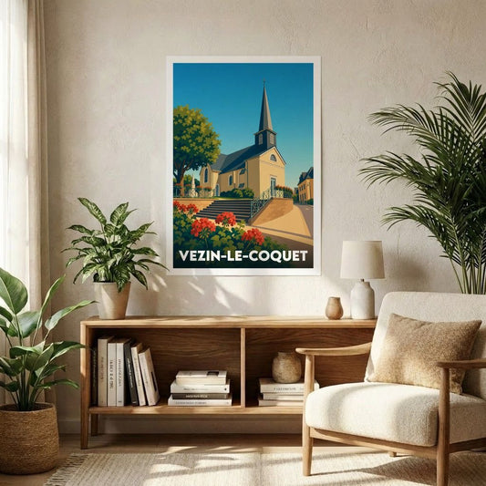Affiche souvenir de la ville de Vezin-le-Coquet avec une illustration stylisée de son église.