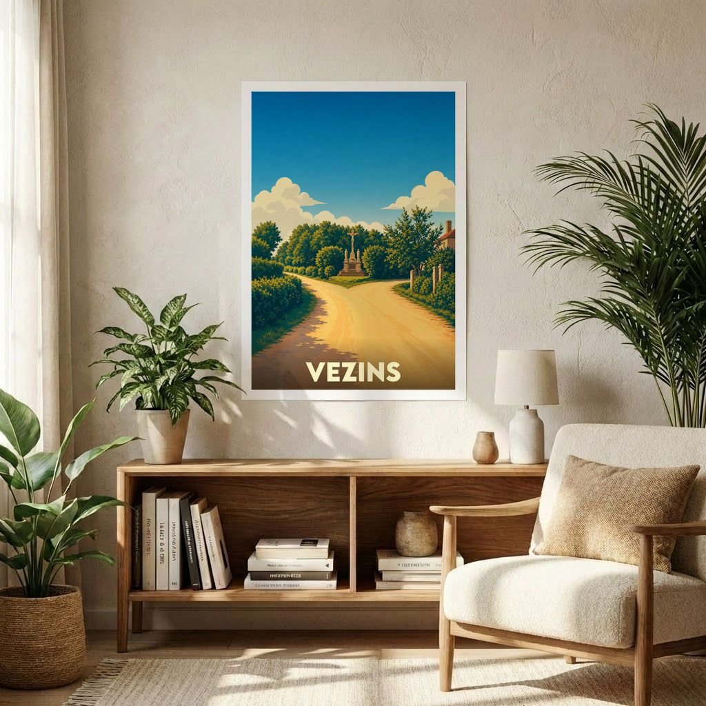 Affiche souvenir de la ville de Vezins avec une illustration stylisée d'un chemin de campagne ensoleillé.