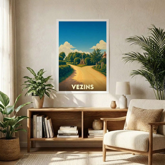 Affiche souvenir de la ville de Vezins avec une illustration stylisée d'un chemin de campagne ensoleillé.