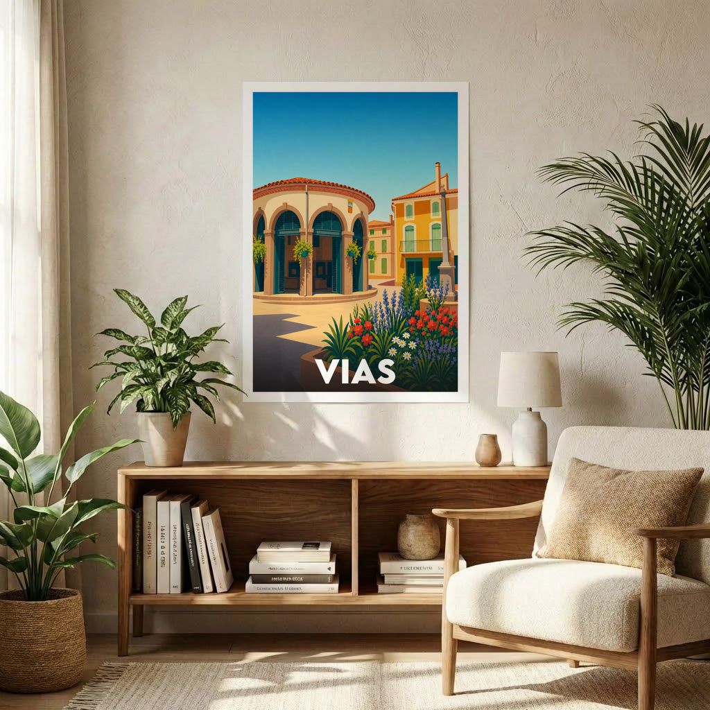 Affiche souvenir de la ville de Vias avec une illustration stylisée et colorée.