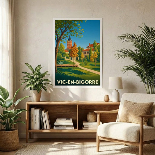 Affiche souvenir de la ville de Vic-en-Bigorre avec une illustration stylisée et colorée de ses paysages.