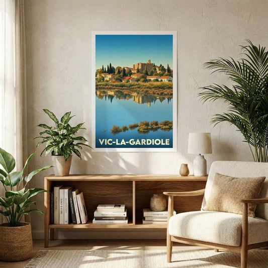 Affiche souvenir de la ville de Vic-la-Gardiole avec une illustration stylisée représentant un paysage lacustre.