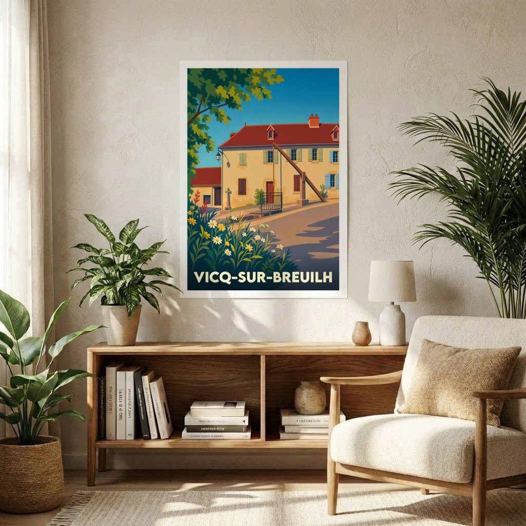 Affiche souvenir de la ville de Vicq-sur-Breuilh avec une illustration stylisée d'une maison traditionnelle et d'un puits à balancier.