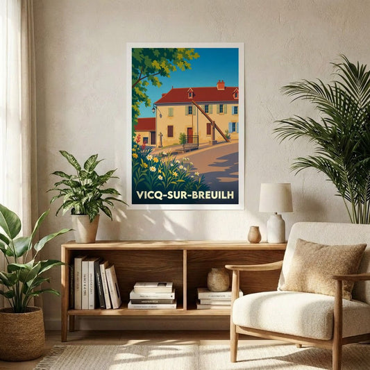 Affiche souvenir de la ville de Vicq-sur-Breuilh avec une illustration stylisée d'une maison traditionnelle et d'un puits à balancier.