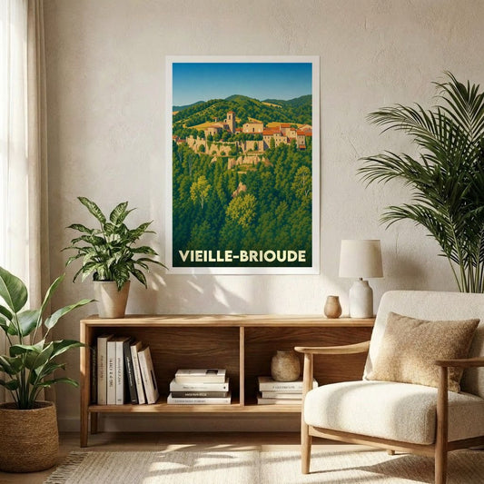 Affiche souvenir de la ville de Vieille-Brioude avec une illustration stylisée de son paysage vallonné.