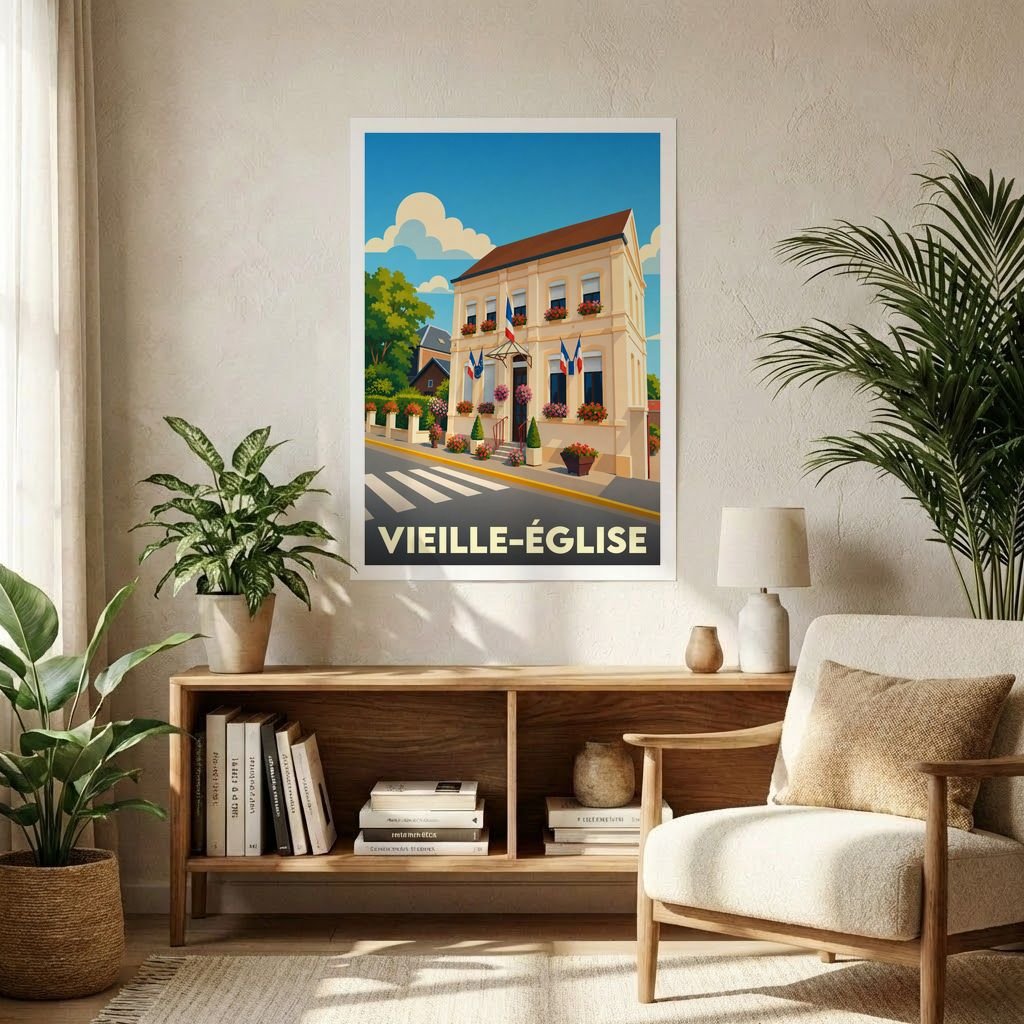 Affiche souvenir de la ville de Vieille-Église avec une illustration stylisée.