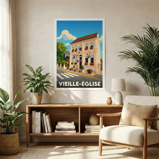 Affiche souvenir de la ville de Vieille-Église avec une illustration stylisée.