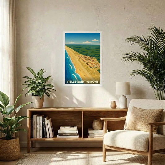 Affiche souvenir de la ville de Vielle-Saint-Girons avec une illustration stylisée du littoral landais.