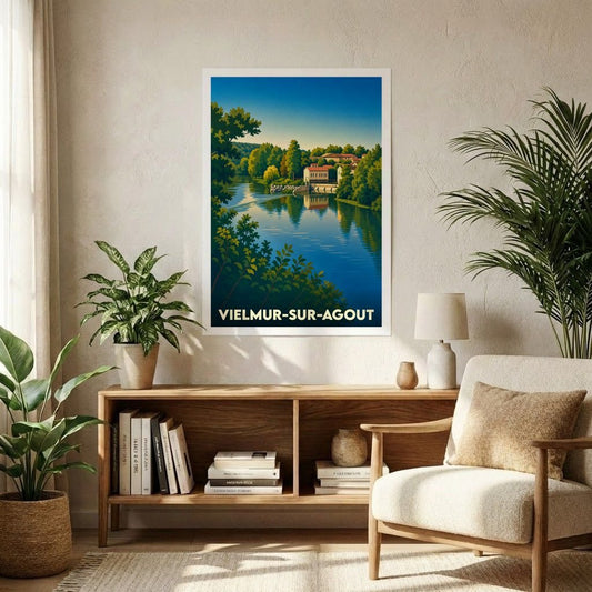 Affiche souvenir de la ville de Vielmur-sur-Agout avec une illustration stylisée d'un paysage fluvial.
